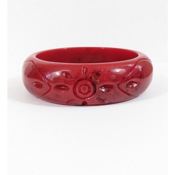 Red And Black Speckled Plastic Flower Bangle Bracelet - Picture 1 of 6